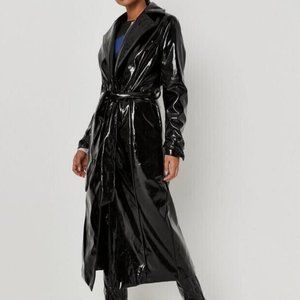 Missguided Black Vinyl Seam Detail Double Breasted Belted Trench Coat